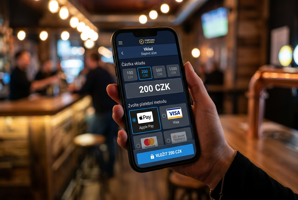 Mobilní rozhraní kasina s vkladem 200 Kč s ikonami Apple Pay a Visa
