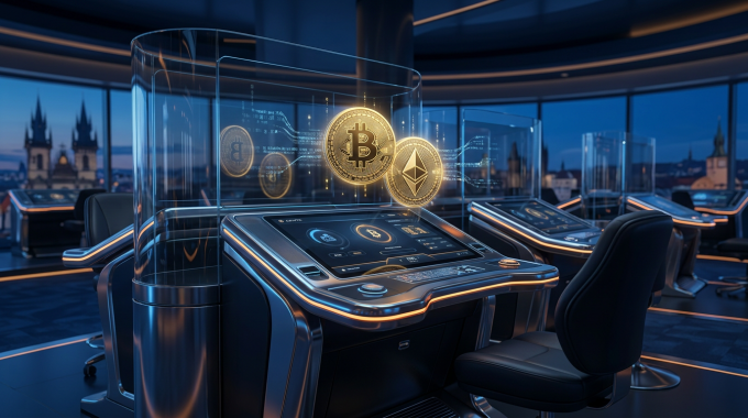 Moderní krypto kasino s digitálními měnami a futuristickým herním rozhraním