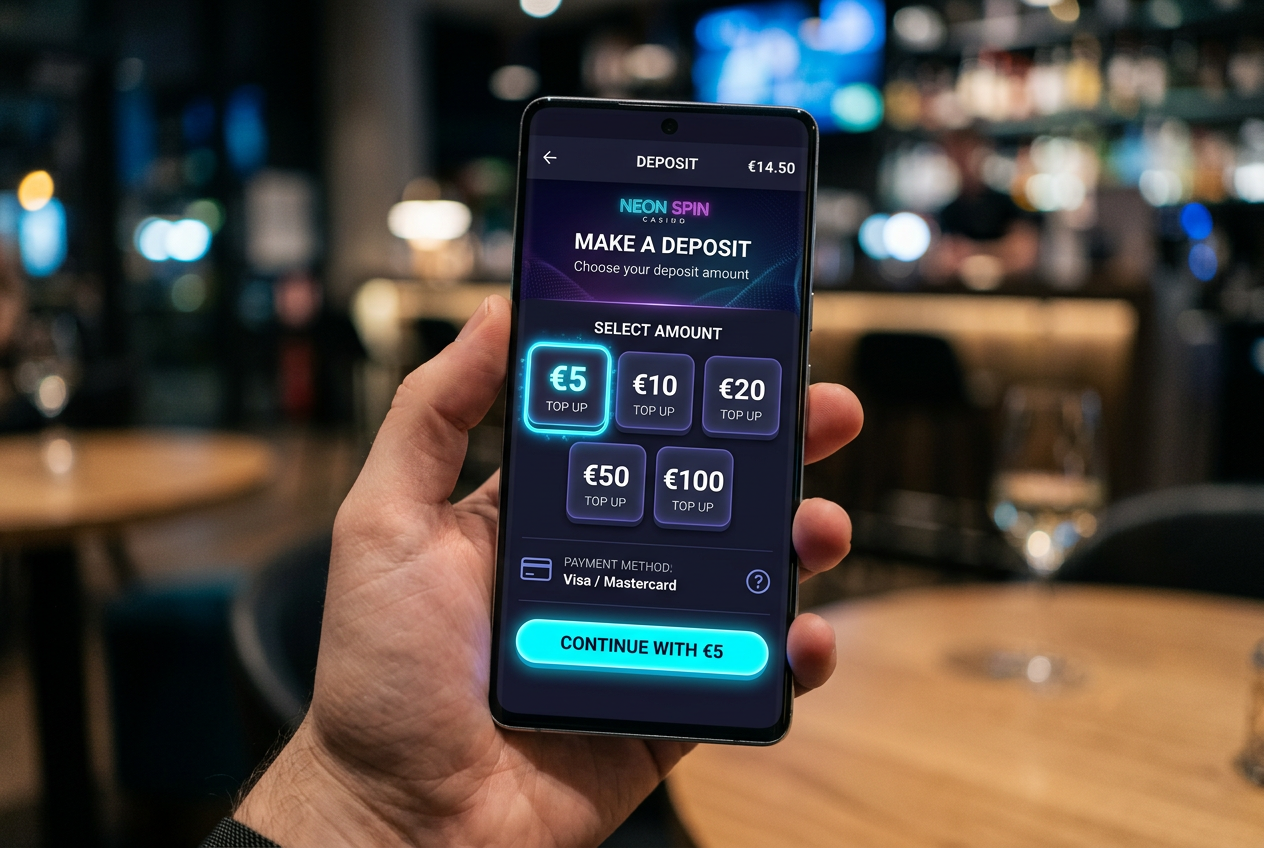 Moderní rozhraní mobilního casina s tlačítkem pro vklad 5 euro