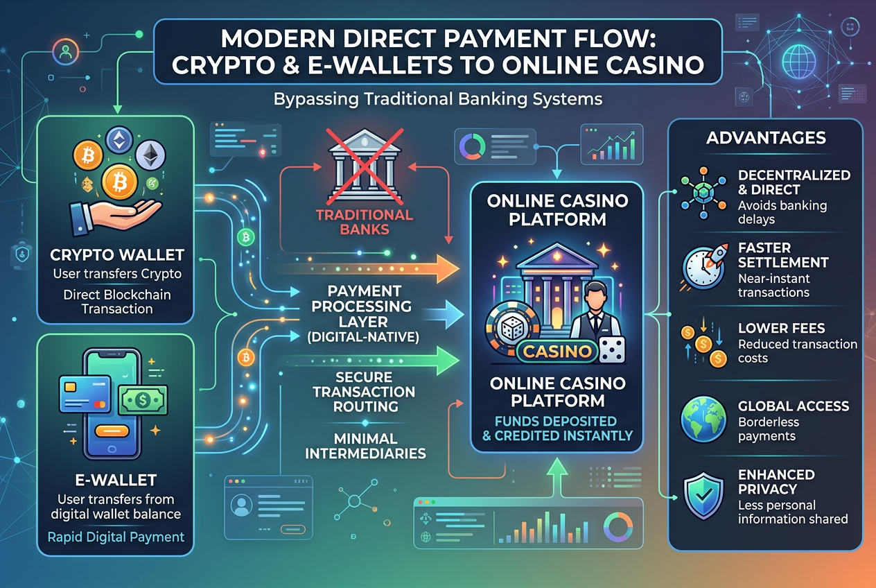 Schéma toku plateb bez bankovního účtu v online casinu přes krypto a e-peněženky