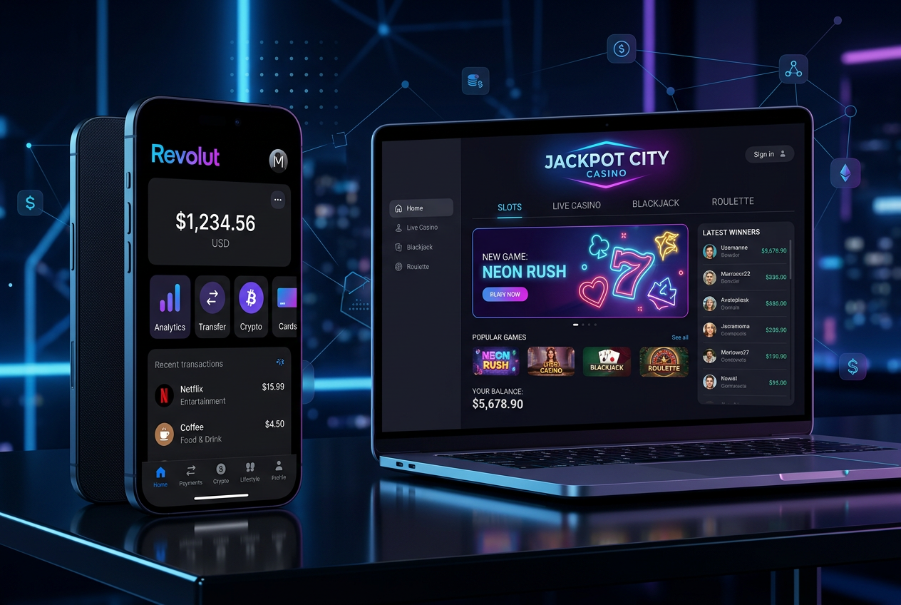 Moderní hráč využívající aplikaci Revolut pro okamžitý vklad do online casina s futuristickým rozhraním