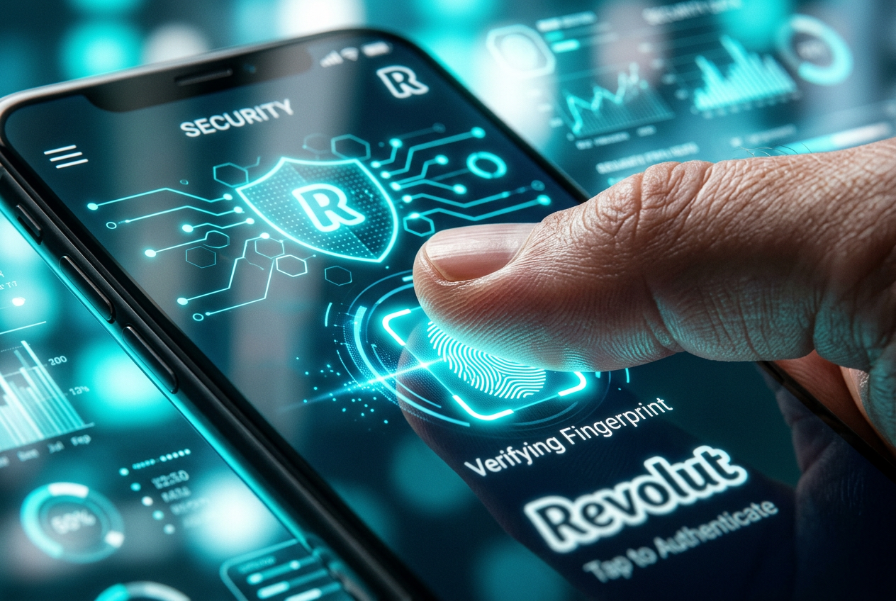 Detailní pohled na biometrické zabezpečení FaceID v aplikaci Revolut při potvrzení transakce