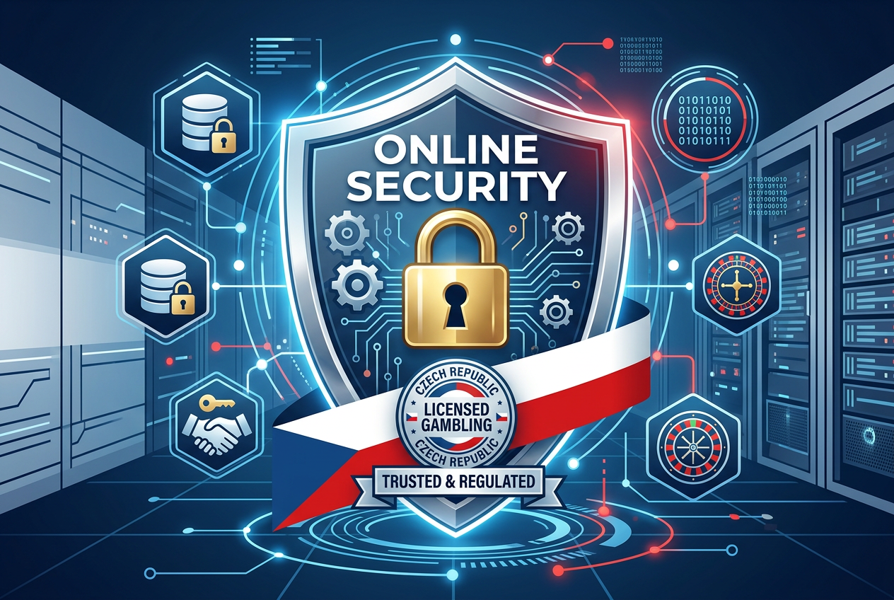 Digitální umění reprezentující online bezpečnost a licence k hazardním hrám v barvách české vlajky