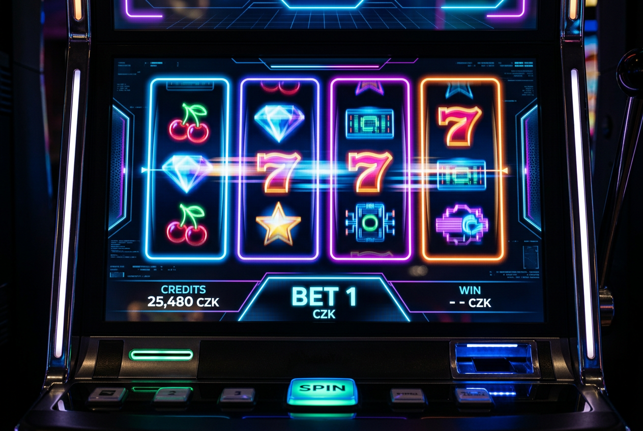 Detailní záběr na digitální slot s nastavenou mikro sázkou 1 Kč